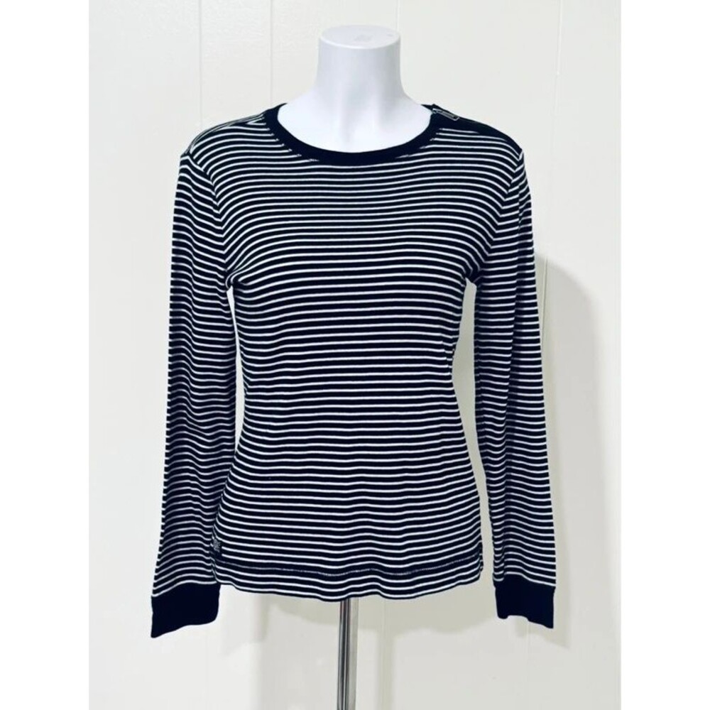 Lauren Ralph Lauren Black White Striped Top Zip Shoulder Elbow Patch Women's L